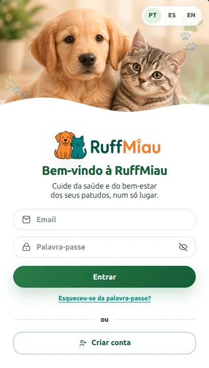 Ecrã de login da app RuffMiau